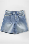 Alt Tag: girls front pleat denim jorts in M Medium Blue with 4-pocket design, belt loops, and zipper-button fly—easy, polished jort.