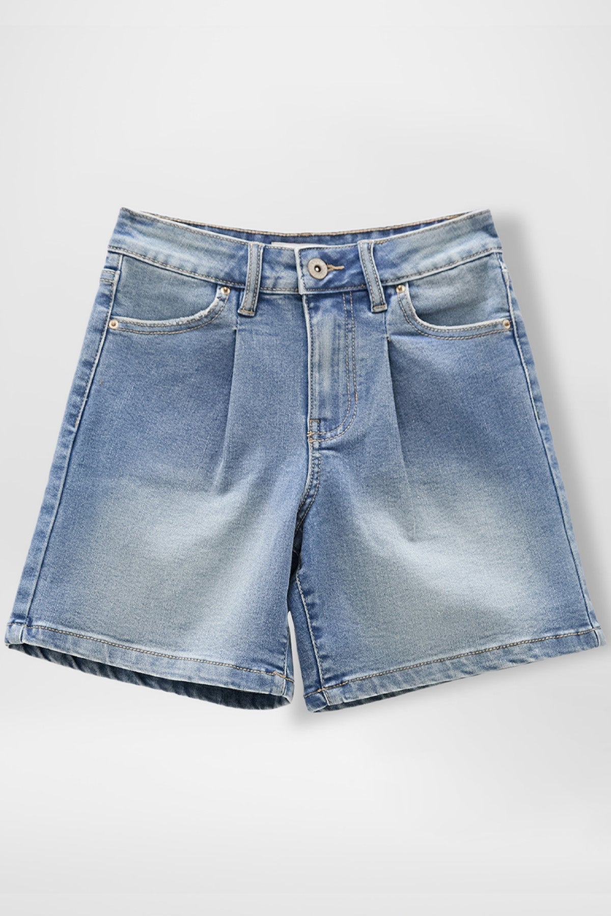 Alt Tag: girls front pleat denim jorts in M Medium Blue with 4-pocket design, belt loops, and zipper-button fly—easy, polished jort.