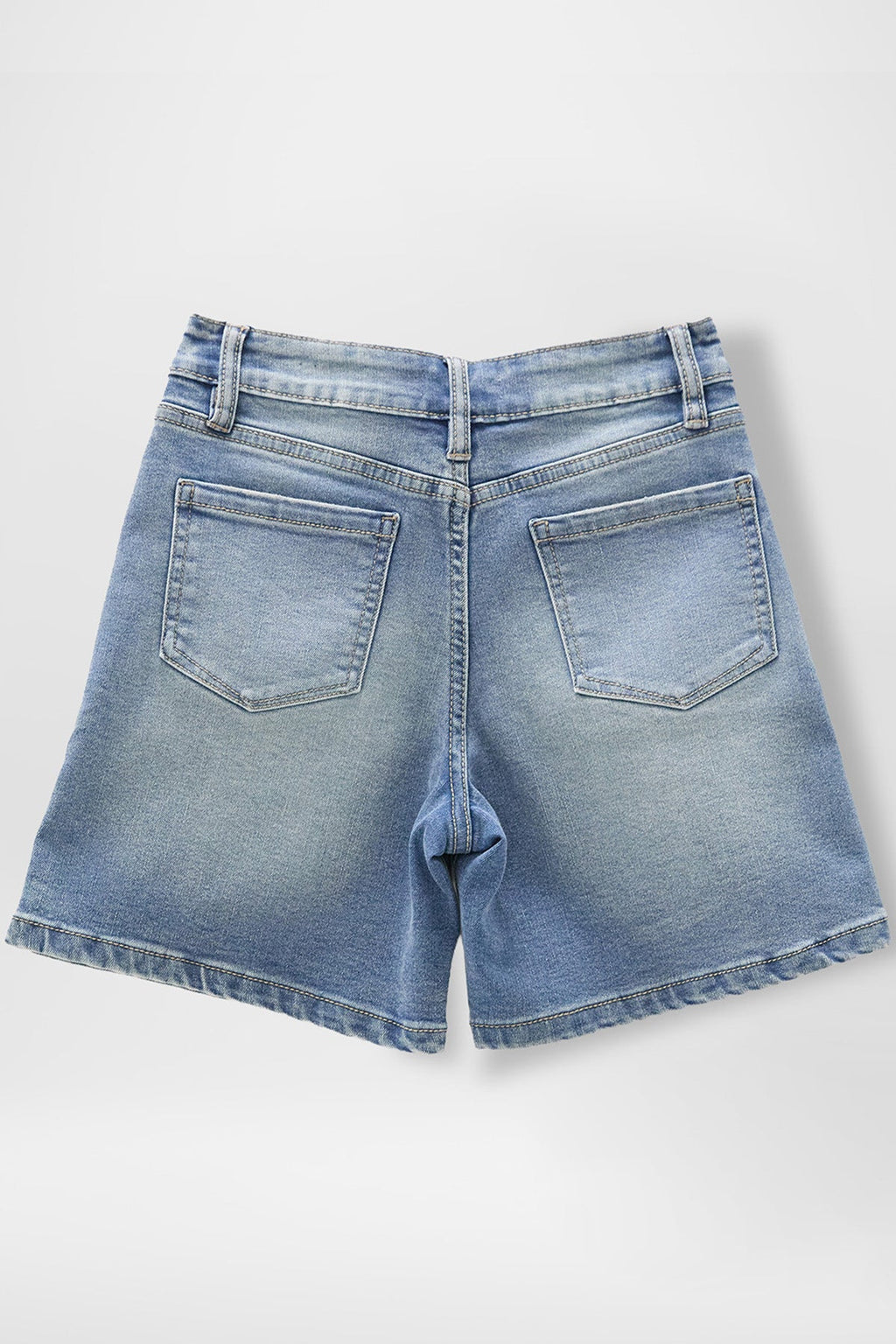 Alt Tag: Back view of girls front pleat denim jorts with belt loops and classic 4-pocket layout