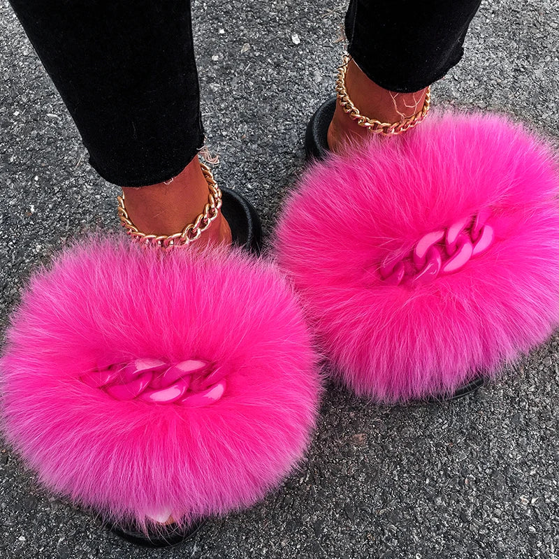 Women’s Fluffy Fox Fur Chain Slides, product view 5 - Rose in Concrete