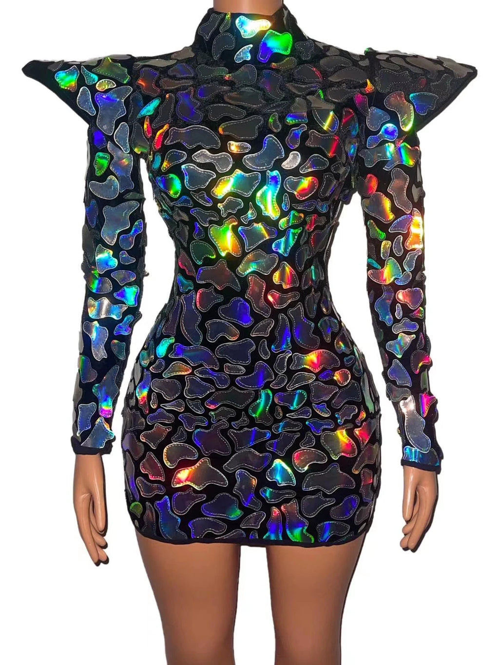 Alt Tag: Galaxy Armor Holographic Mini Dress with reflective holographic appliqués, sculpted waist and exaggerated shoulders, front view