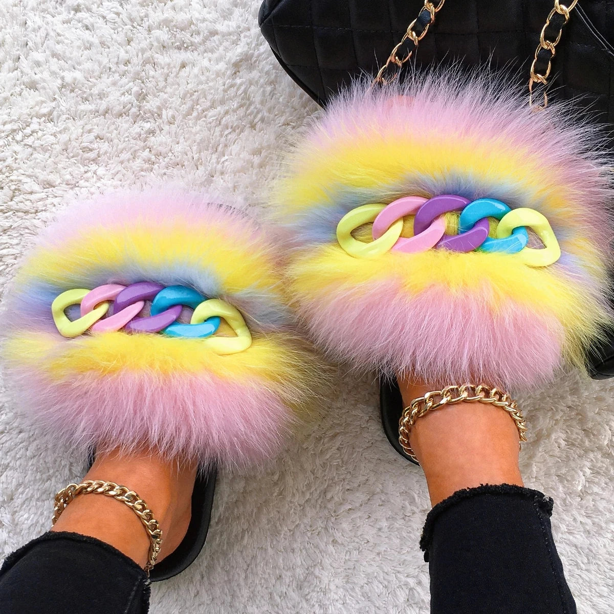 Women’s Fluffy Fox Fur Chain Slides, product view 3 - Rose in Concrete