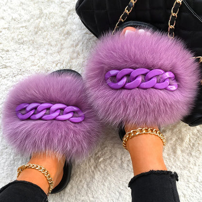 Women’s Fluffy Fox Fur Chain Slides, product view 4 - Rose in Concrete