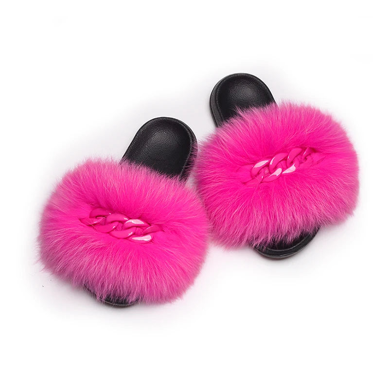 Women’s Fluffy Fox Fur Chain Slides, product view 6 - Rose in Concrete