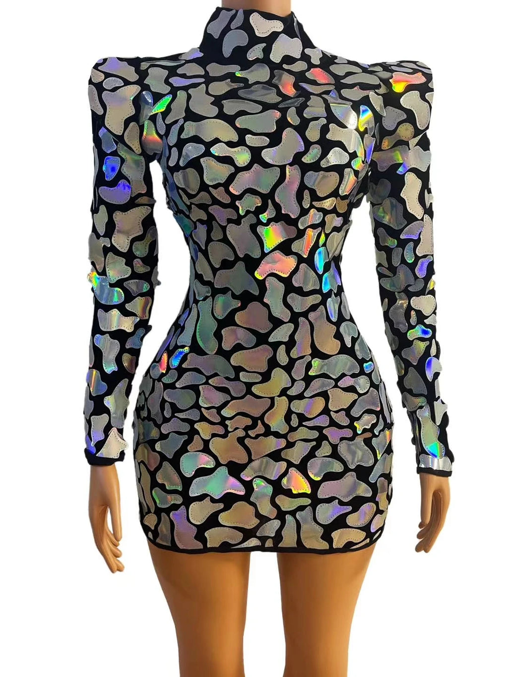 Galaxy Armor Holographic Mini Dress with reflective appliqués, high-neck, long sleeves, exaggerated shoulders, waist-snatching mini silhouette