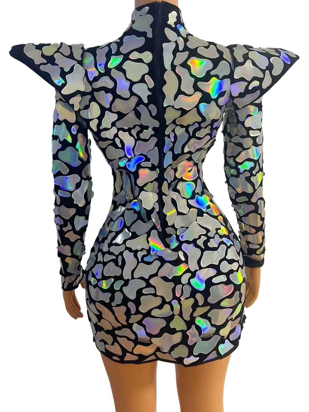 Galaxy Armor Holographic Mini Dress back view with sculpted waist and exaggerated shoulders, reflective holographic appliqués