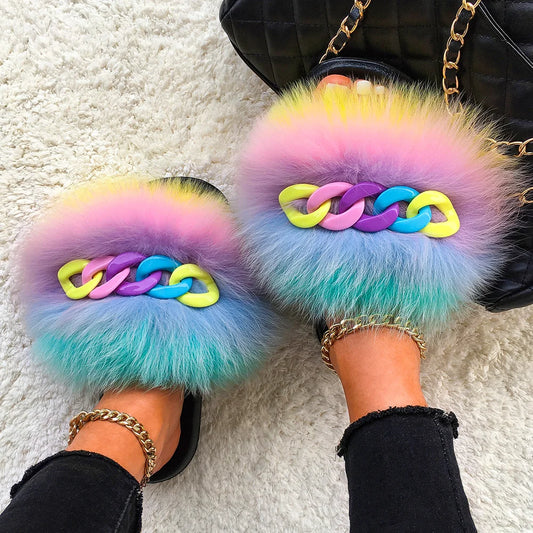 Women’s Fluffy Fox Fur Chain Slides, product view 2 - Rose in Concrete