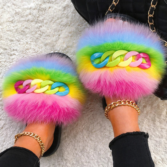 Women’s Fluffy Fox Fur Chain Slides - Rose in Concrete