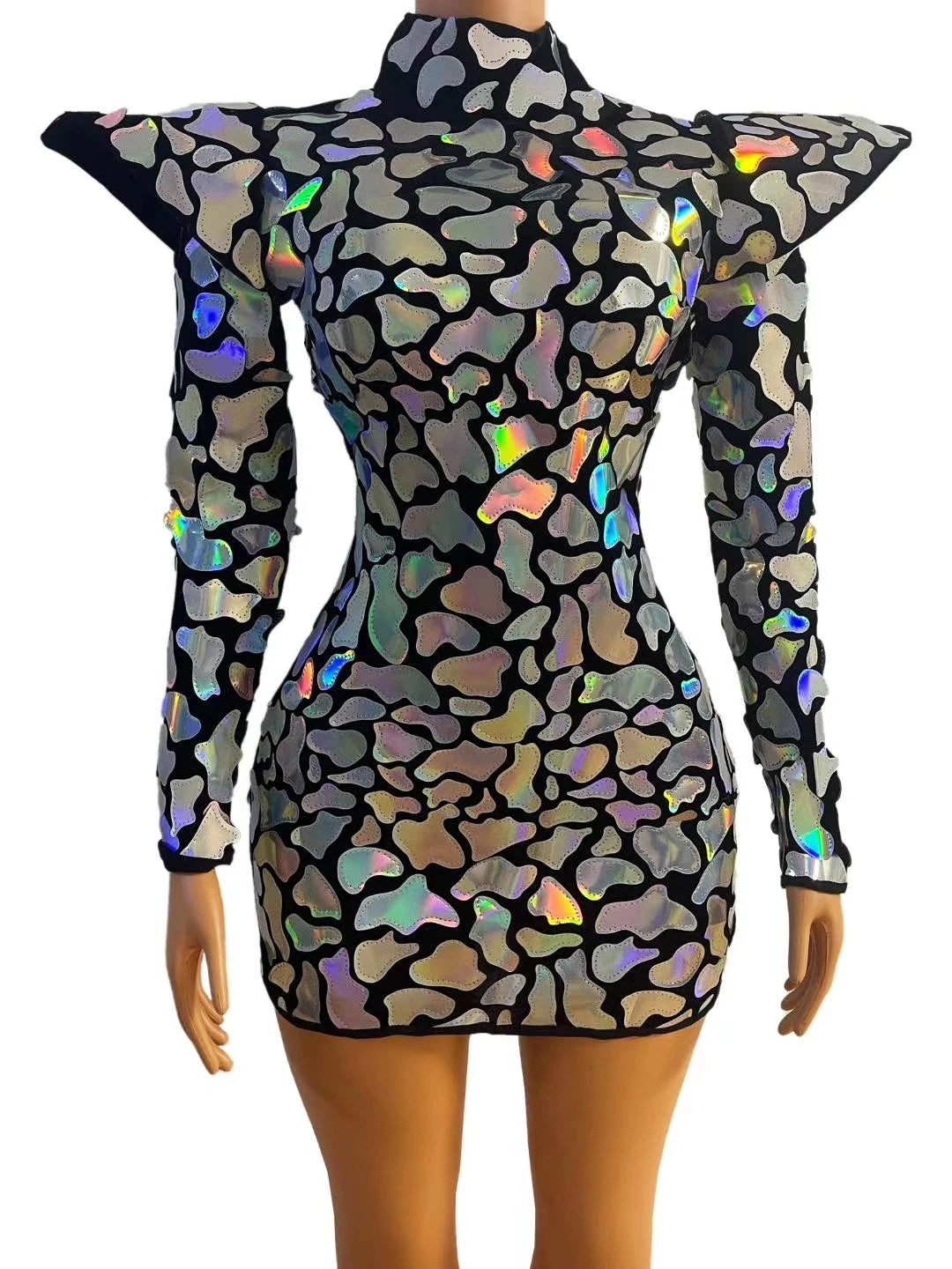 Alt Tag: Galaxy Armor Holographic Mini Dress with reflective camo appliqués, sculpted waist and dramatic shoulders, long sleeves, mini length
