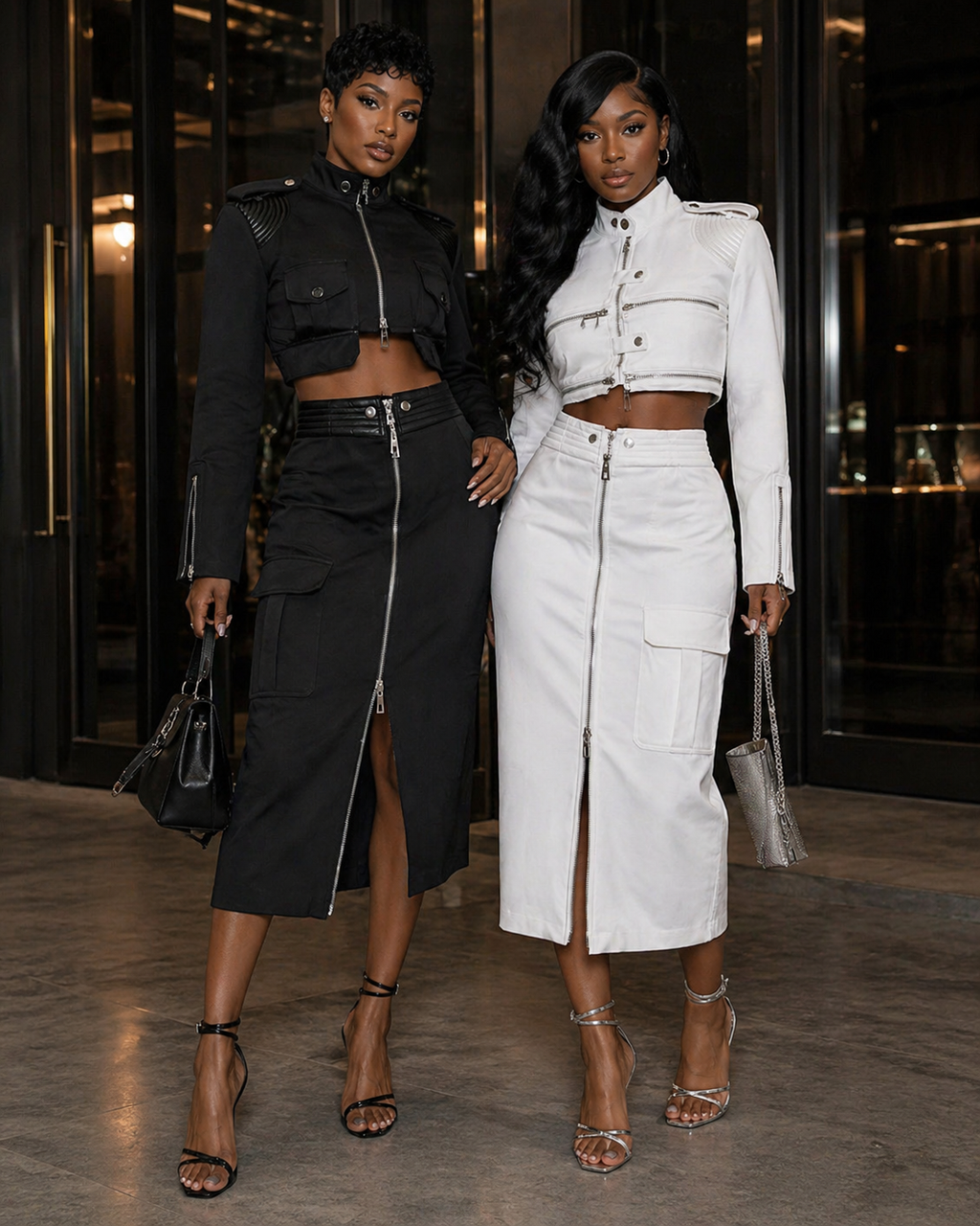 Women showcasing the structured moto jacket cargo skirt set in black and white, combining edgy style and functionality.
