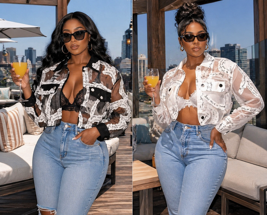 Two models wearing a transparent mesh crop jacket with turn-down collar and lantern sleeves, stylish summer outfits.
