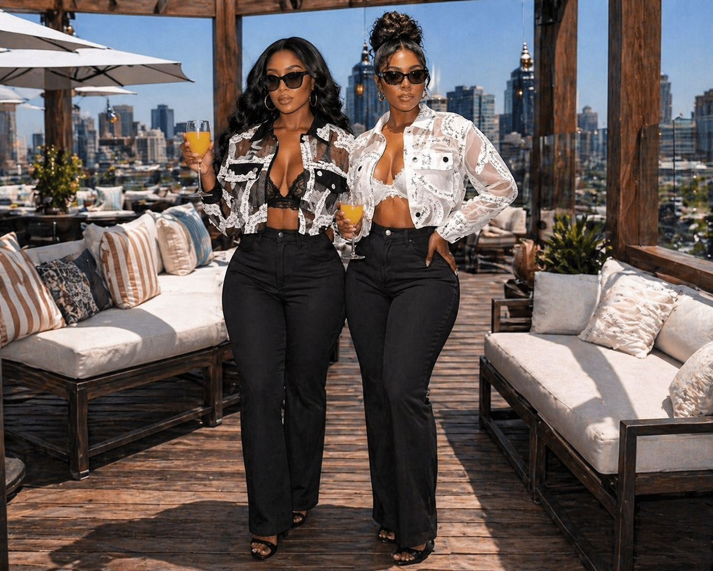 Two women wearing transparent mesh crop jackets with turn-down collars and lantern sleeves, enjoying drinks on a rooftop terrace.