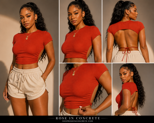Open Back Tie Crop Top – Ribbed Side Cutout Tee in red with adjustable tie and side cutouts, styled with shorts.