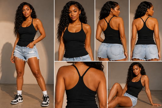Essential Ribbed Racerback Tank Top – Fitted Stretch Cami on a model, styled with denim shorts showcasing its sleek fit.