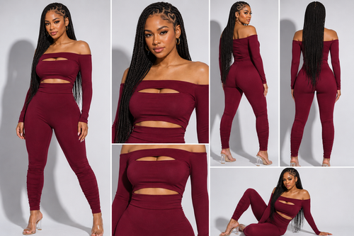Off-Shoulder Ruched Leggings Set featuring a cutout crop top and high-waisted leggings, perfect for stylish outfits.