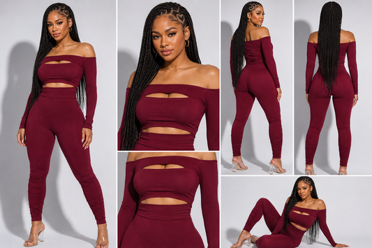 Off-Shoulder Ruched Leggings Set featuring a cutout crop top and high-waisted leggings, perfect for stylish outfits.