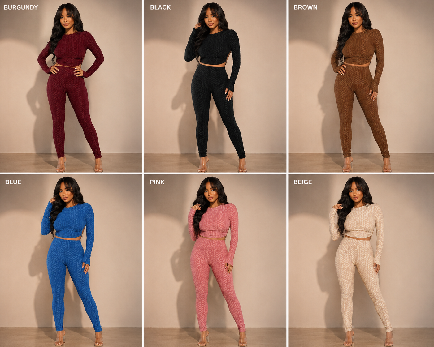 Honeycomb Open Back Leggings Set in burgundy, black, brown, blue, pink, and beige textures, showcasing body contouring style.