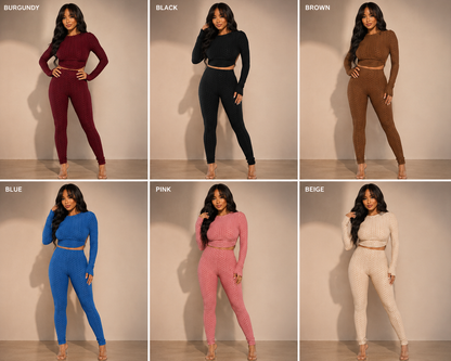 Honeycomb Open Back Leggings Set in burgundy, black, brown, blue, pink, and beige textures, showcasing body contouring style.