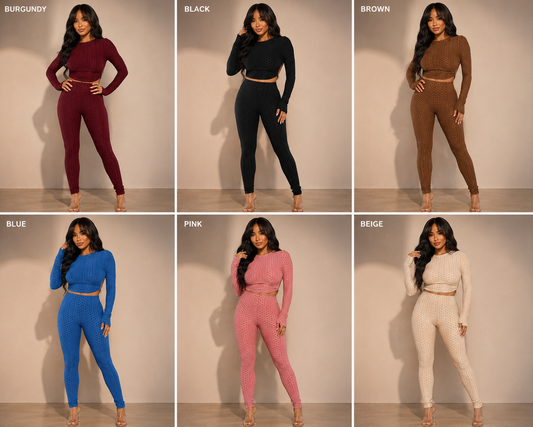 Honeycomb Open Back Leggings Set in burgundy, black, brown, blue, pink, and beige textures, showcasing body contouring style.