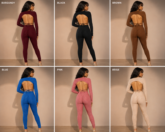 Honeycomb Open Back Leggings Set in various colors, showcasing the textured 2-piece outfit with a stylish open back design.