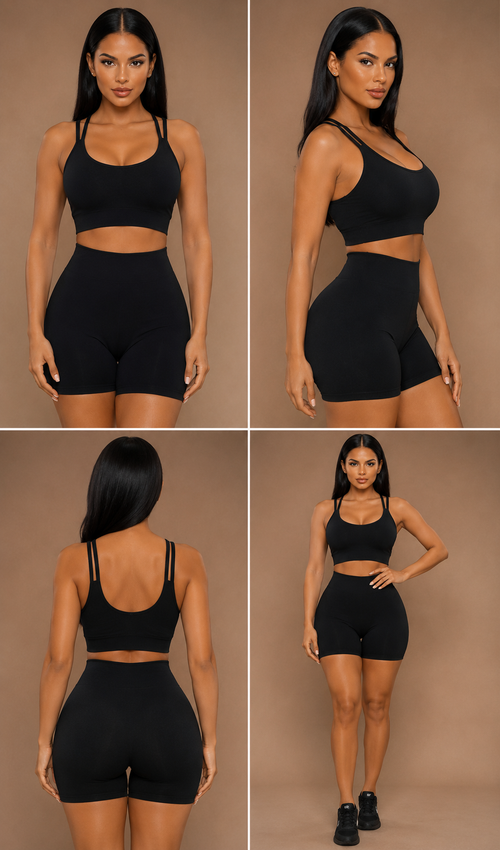 Model showcasing the Sculpt & Snatch activewear short set featuring a sports bra and high-waisted shorts.