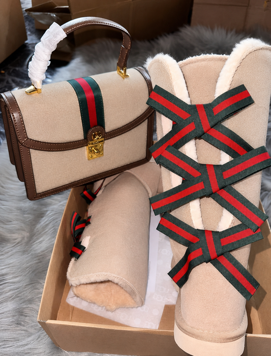 luxury winter handbag and boot set featuring plush shearling and signature ribbon lacing design.
