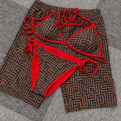 His and Her Vacation Matching Swimwear set featuring bold patterns, perfect matching swimwear for couples.