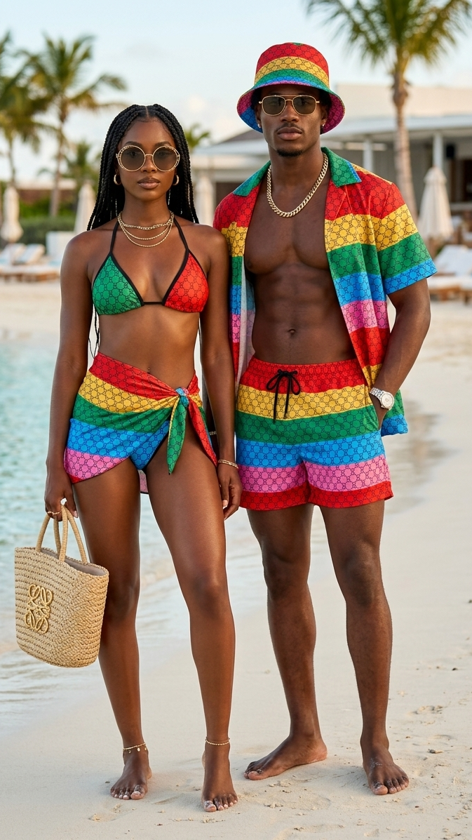 Couple wearing matching swimwear for couples on the beach with vibrant colors and patterns.