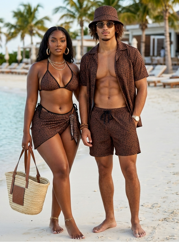 His and Her Vacation Matching Swimwear showcasing matching swimwear for couples by the beach.