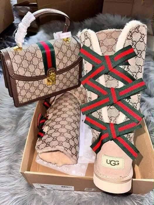 monogram handbag and boot set featuring chic platform boots and stylish tote on a furry surface.