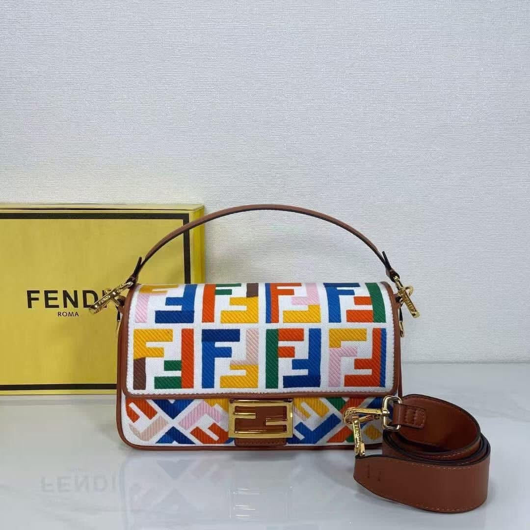 Colorful handbag with a matching box on a white background