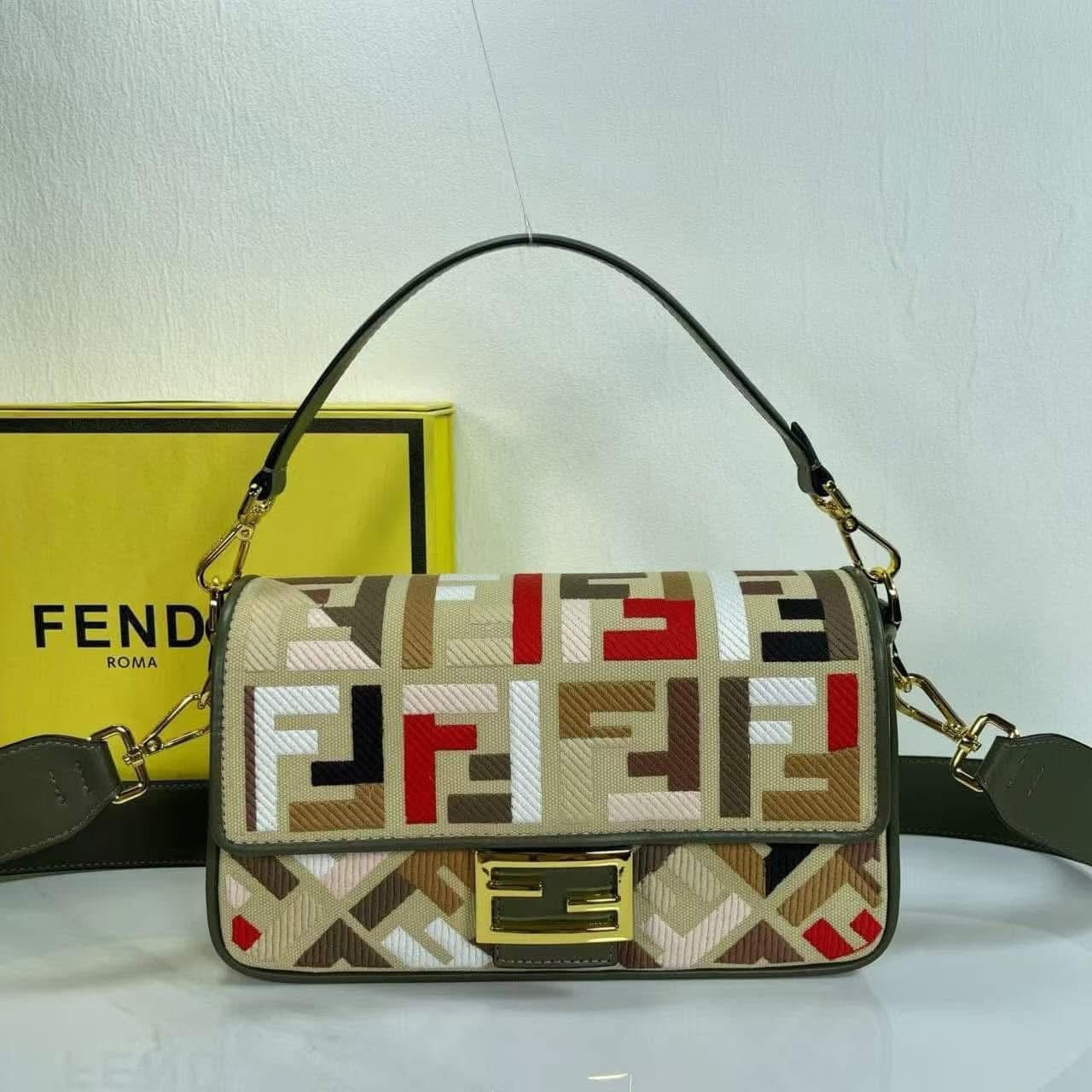 Designer handbag with geometric pattern, next to a yellow box on a white background.