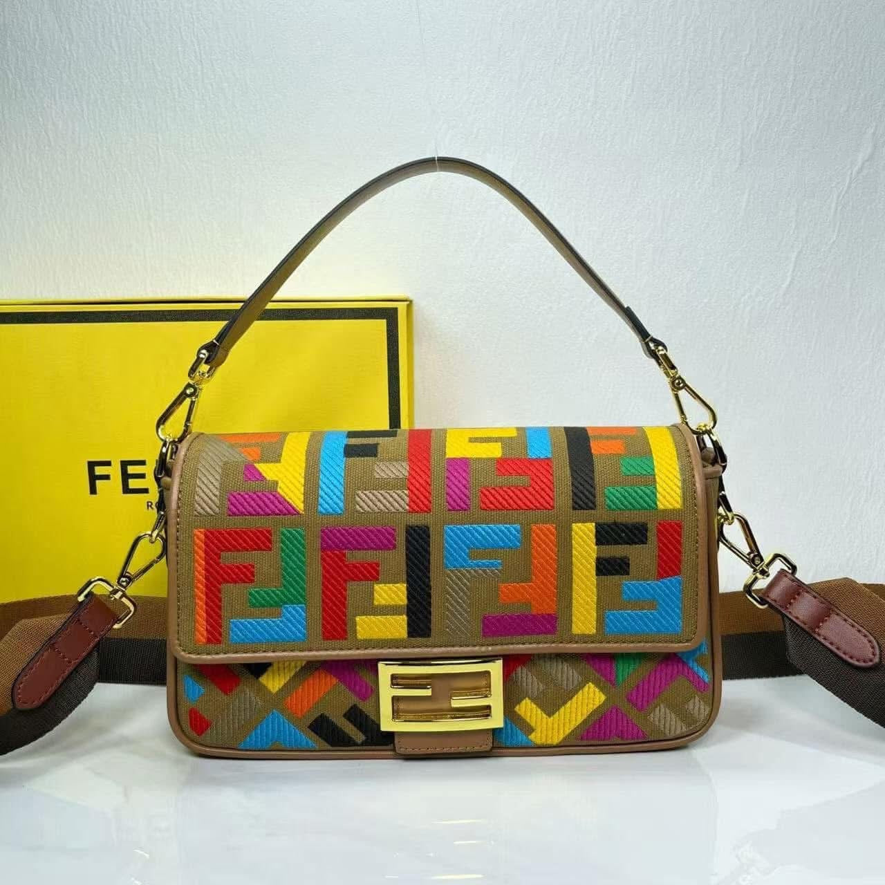 Multicolored handbag with pattern on a white background