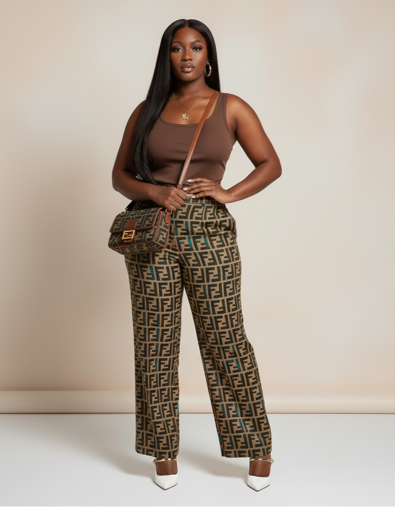 Woman wearing a brown top and patterned pants with a matching bag against a beige background