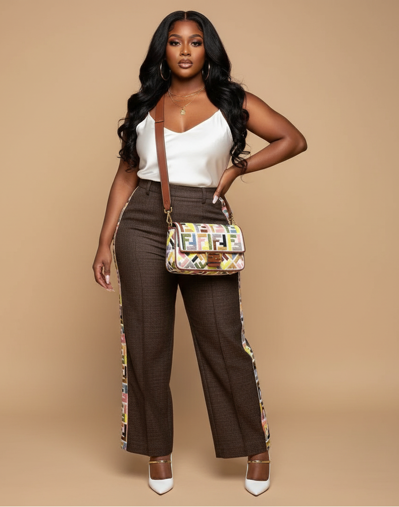 Woman wearing a white top and brown pants with a patterned handbag on a beige background