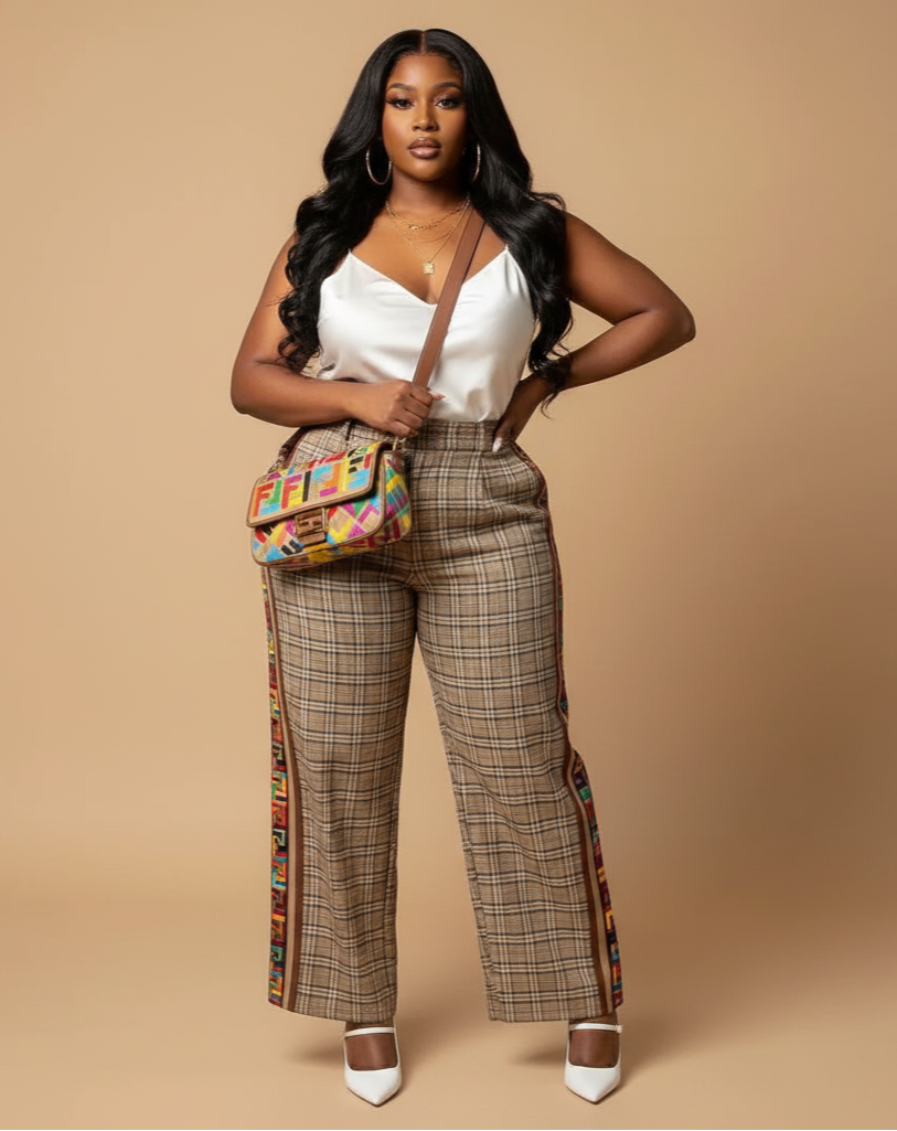 Woman wearing a white top and plaid pants with a colorful bag on a beige background