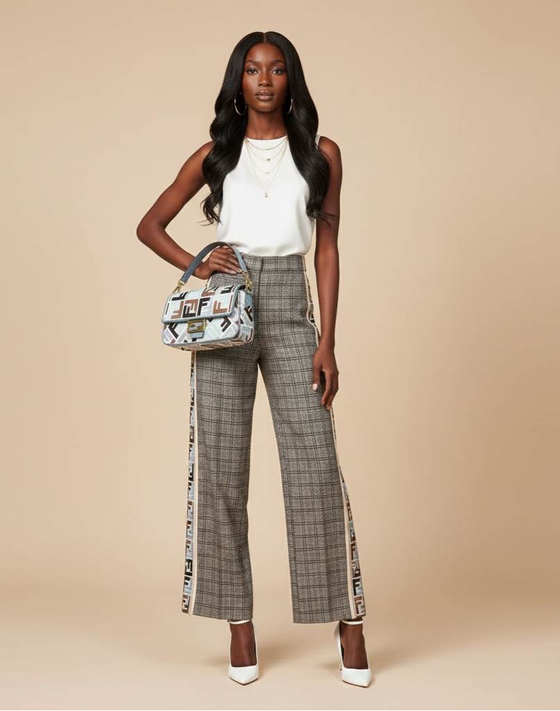 Woman wearing plaid pants with a patterned handbag on a beige background