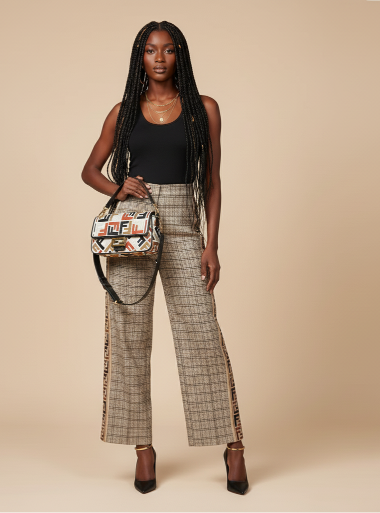 Woman holding a patterned handbag against a beige background