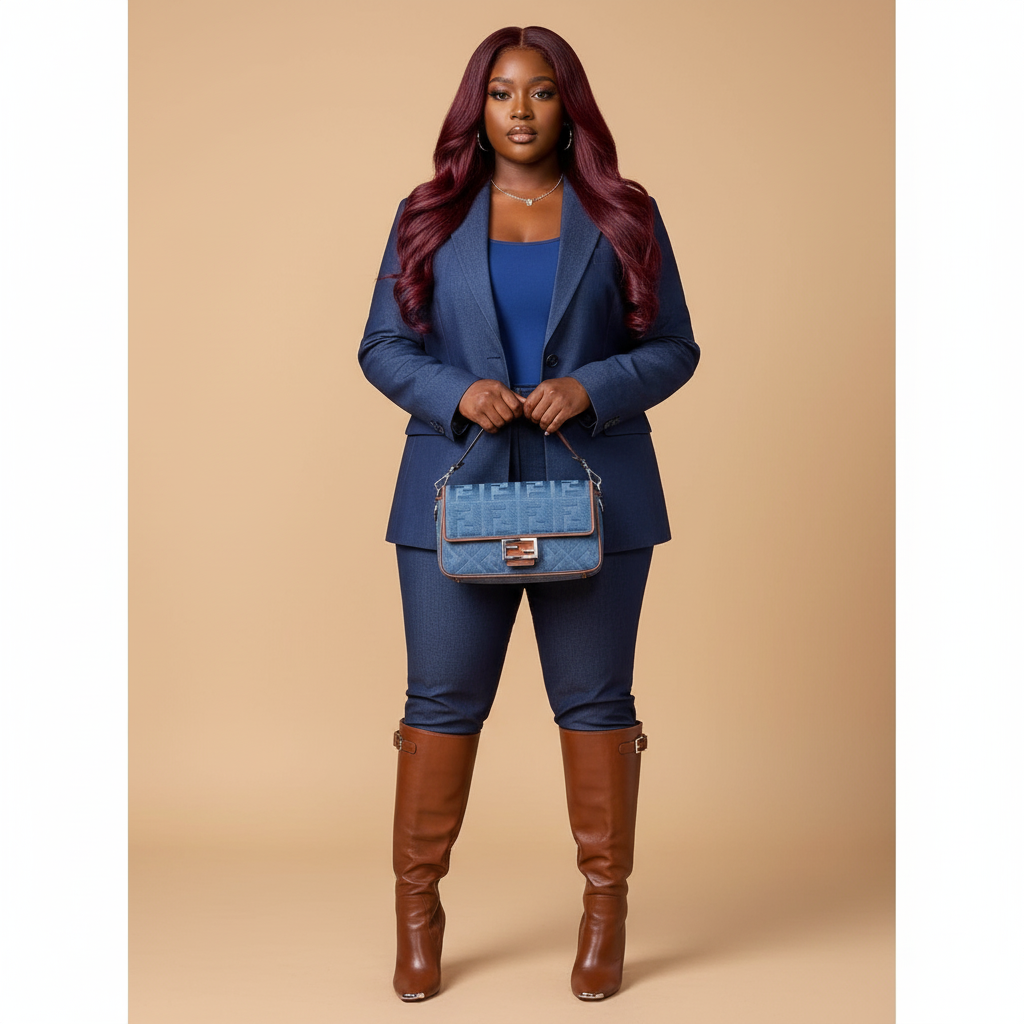 Woman in a blue suit with brown boots and a matching handbag on a beige background