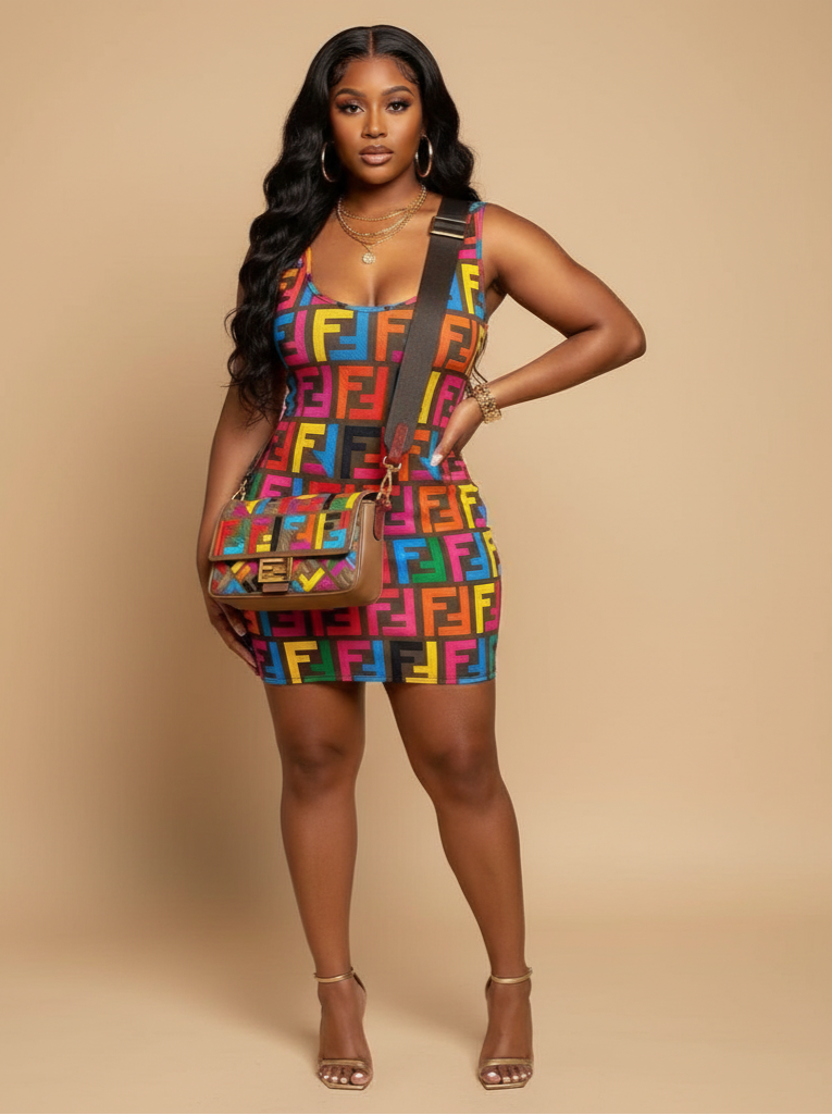 Woman wearing a colorful patterned romper with a matching bag on a beige background