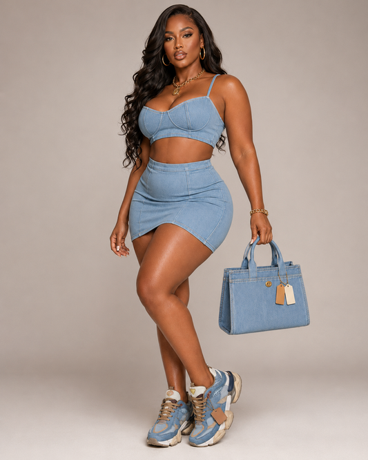 Confident woman in denim 2-piece set with sneakers and tote, showcasing a casual yet chic style.