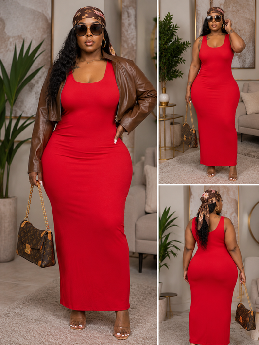 Image of a Plus Size Essential Stretch Maxi Dress in red, styled with a brown jacket and accessories.