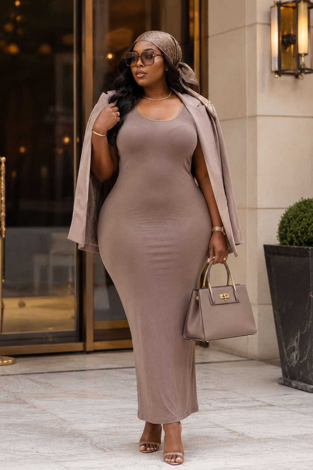 Rose In Concrete essential stretch maxi dress displayed on a hanger, featuring a flowing silhouette and soft fabric in neutral tones.