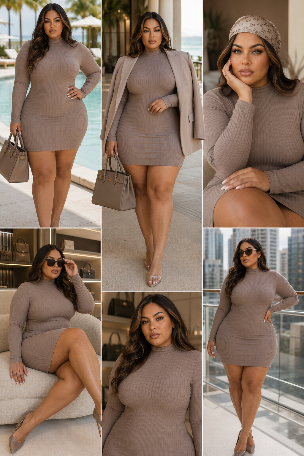 Ribbed long sleeve mock neck mini bodycon dress by Rose In Concrete, featuring a fitted silhouette and textured fabric.