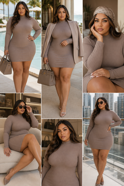 Ribbed long sleeve mock neck mini bodycon dress by Rose In Concrete, featuring a fitted silhouette and textured fabric.