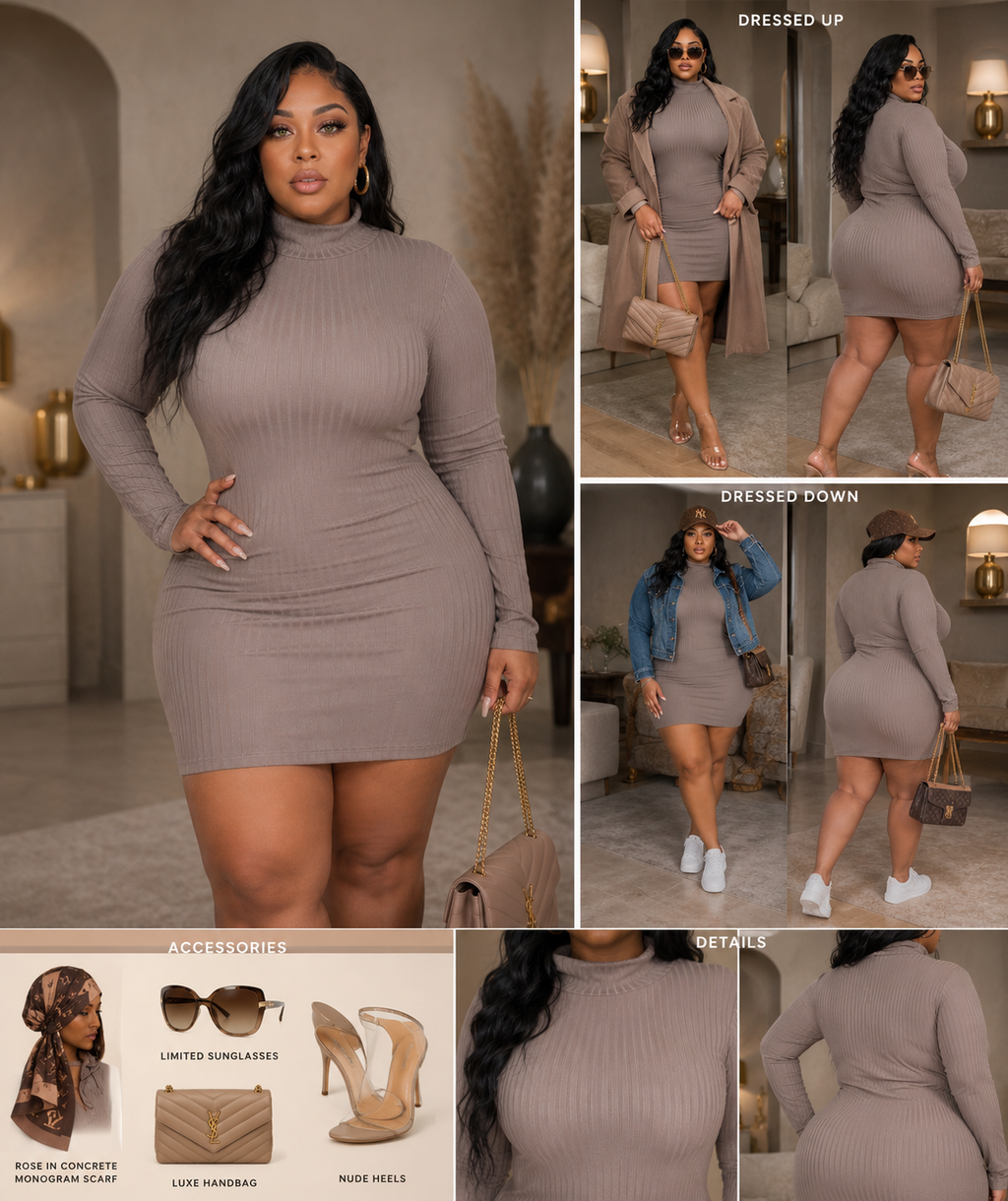 Ribbed long sleeve mock neck mini bodycon dress by Rose In Concrete, shown in a close-up image highlighting the textured fabric and fitted style.