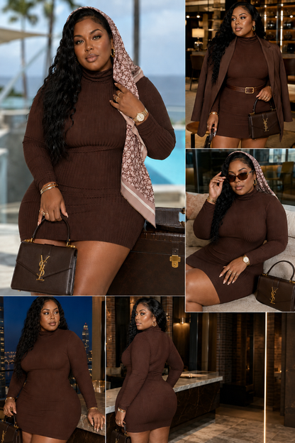 Ribbed long sleeve mock neck mini bodycon dress by Rose In Concrete, showcasing fitted silhouette and textured fabric.