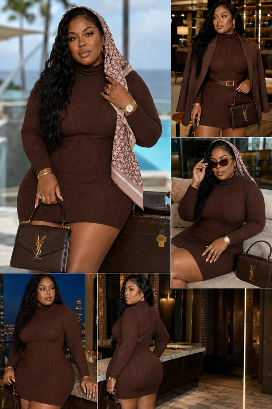 Ribbed long sleeve mock neck mini bodycon dress by Rose In Concrete, showcasing fitted silhouette and textured fabric.