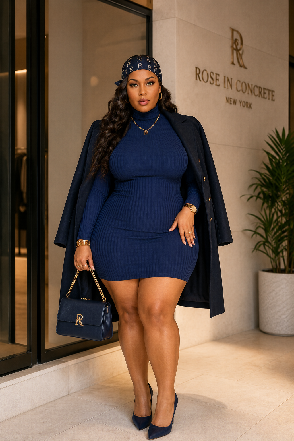 Rose In Concrete ribbed long sleeve mock neck mini bodycon dress hanging on a hanger, showcasing its fitted silhouette and textured fabric.