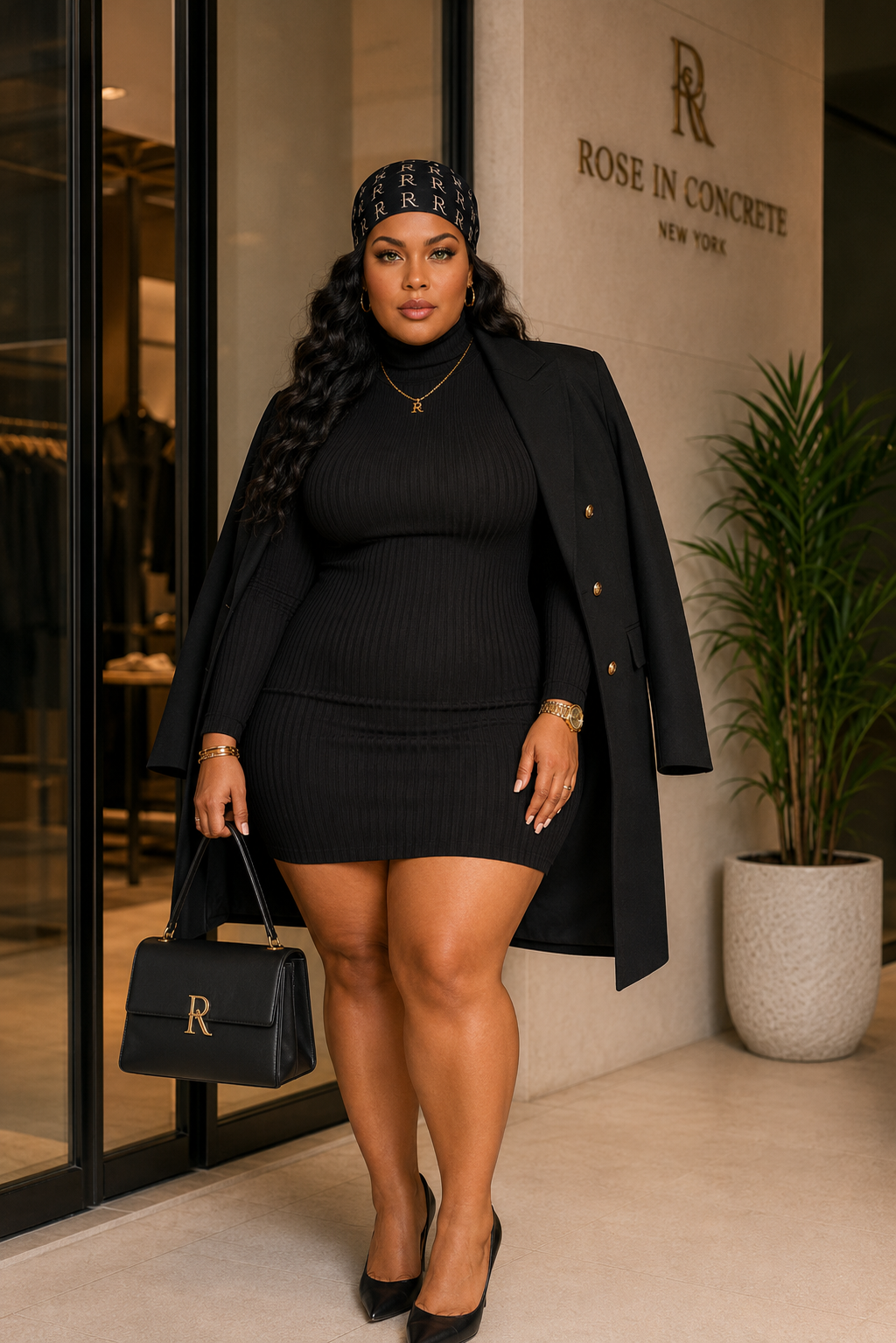 Ribbed long sleeve mock neck mini bodycon dress by Rose In Concrete, fitted design with ribbed fabric and mock neck detail.